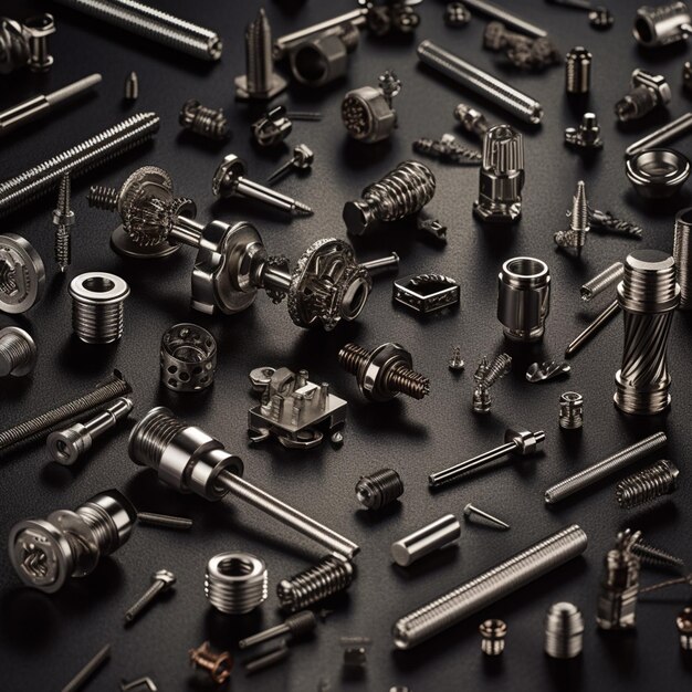 Un fond noir avec diverses pièces métalliques dont un tournevis et quelques autres pièces métalliques.