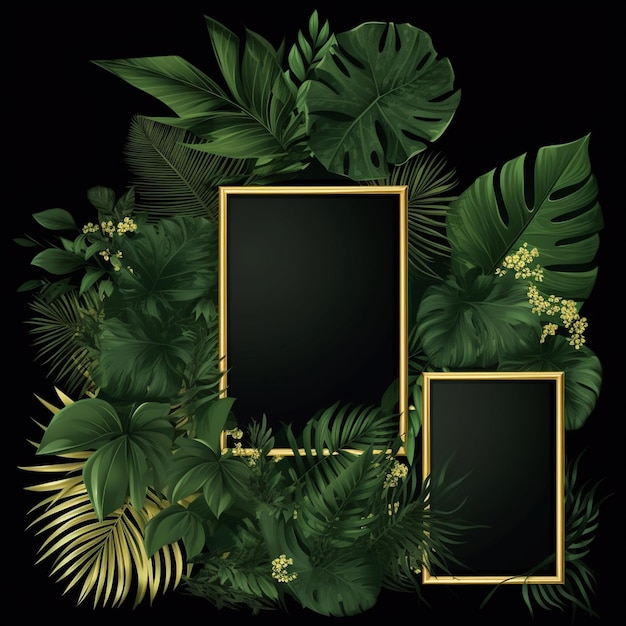 Un fond noir avec des feuilles tropicales et un cadre de plantes.