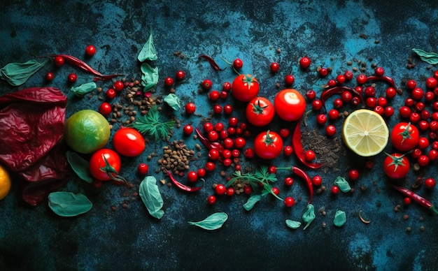 Un fond noir foncé plein de légumes et d'épices