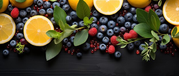 un fond noir avec des fruits et un fond noir