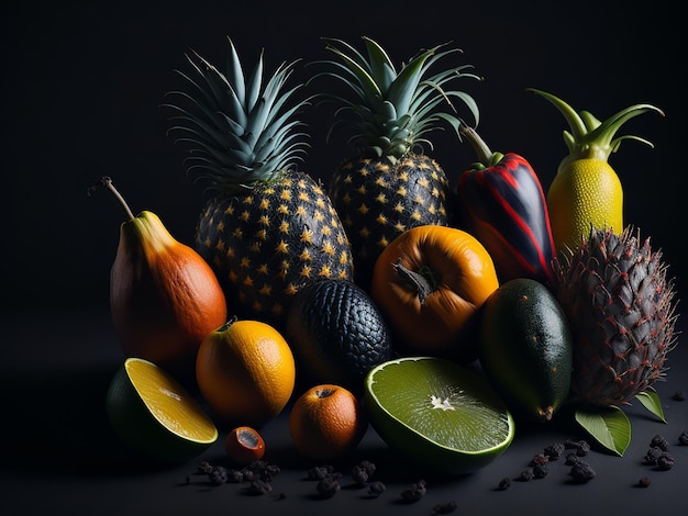 Un fond noir avec des fruits et légumes dont un ananas et un ananas.