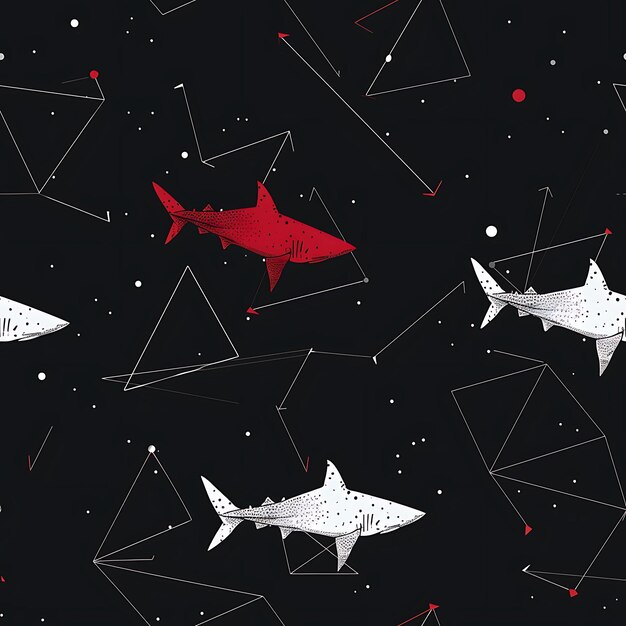 Photo un fond noir avec un groupe de poissons au milieu et une étoile rouge en bas