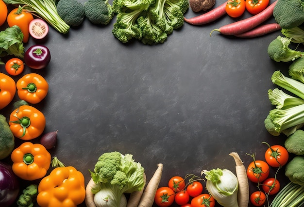 Un fond noir avec des légumes et un espace vide pour le texte