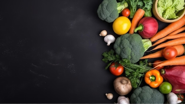 Un fond noir avec des légumes et un fond noir.