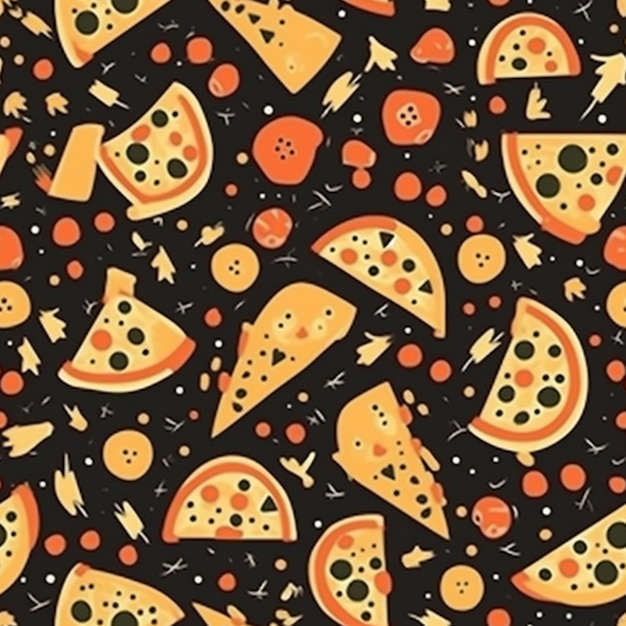 Un fond noir avec un motif de pizzas et de fromages.