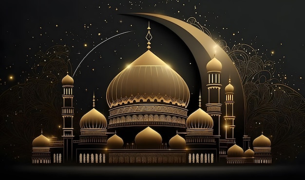 Un fond noir et or avec une mosquée et la lune.