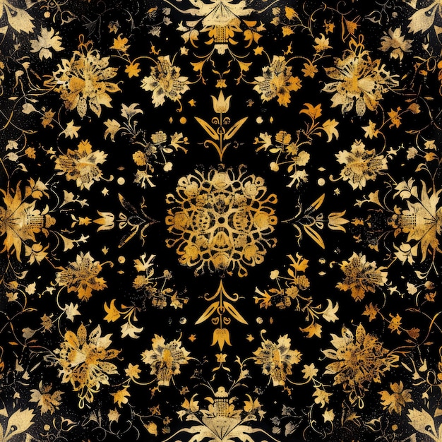 un fond noir et or avec un motif floral