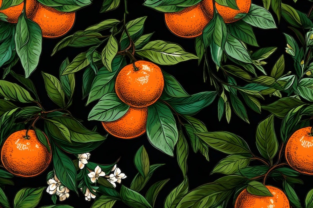 Un fond noir avec des oranges et des feuilles et des fleurs.