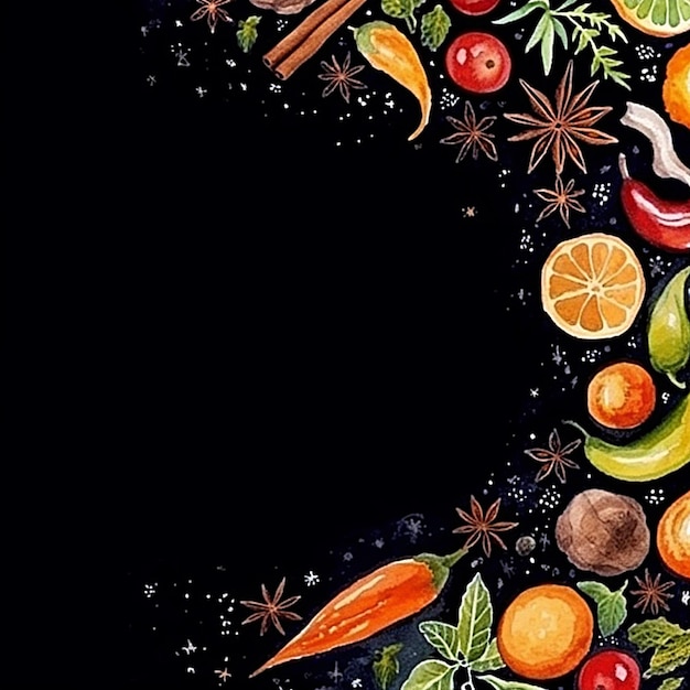 Un fond noir avec une photo de fruits et légumes.