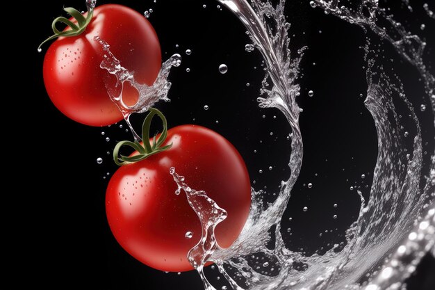 Un fond noir avec une photo de tomates dans l'eau.