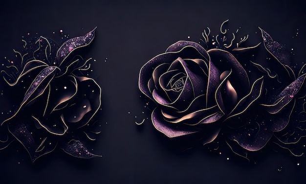 Un fond noir avec des roses violettes et des étoiles.