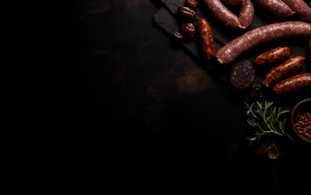 Photo un fond noir avec des saucisses et des herbes