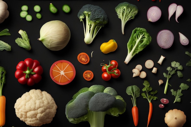 un fond noir avec un tas de légumes, y compris le brocoli, les carottes, les tomates et le céleri.