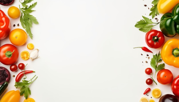 Un fond noir avec une variété de légumes, y compris des poivrons, des tomates