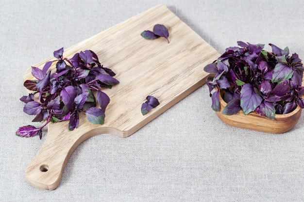 Fond de nourriture avec basilic plante épicée violet sur table.