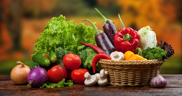 Photo fond de nourriture biologique légumes dans un panier
