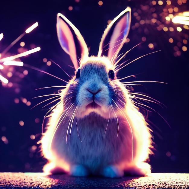 Fond de nouvel an avec lapin et feux d'artifice rendu 3d