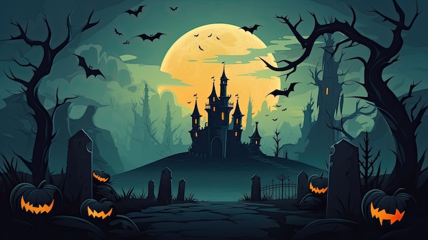 Fond de nuit d'Halloween avec un château effrayant et des chauves-souris