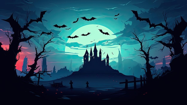 Fond de nuit d'Halloween avec un château effrayant et des chauves-souris