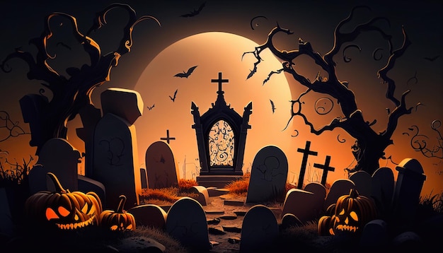 Fond de nuit d'Halloween avec un cimetière et des citrouilles et de la lune. Illustration réaliste très détaillée.