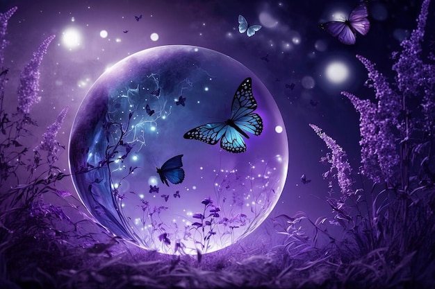 Fond de nuit romantique fantastique magique avec la pleine lune et des papillons brillants dans un fond d'écran à bulles