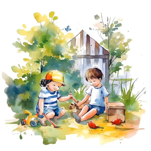 Fond numérique de style aquarelle enfants heureux