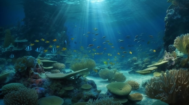 Le fond de l'océan est couvert de coraux et de poissons.