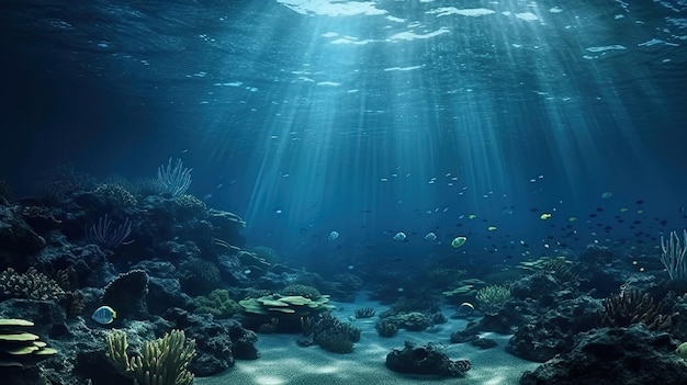 Le fond de l'océan est un récif corallien entouré de poissons.