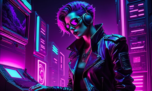 fond d'onde synthétique néon rétro cyber punk salle de ville couleurs futuristes magenta pourpre