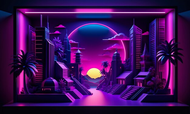 fond d'onde synthétique néon rétro cyber punk salle de ville couleurs futuristes magenta pourpre