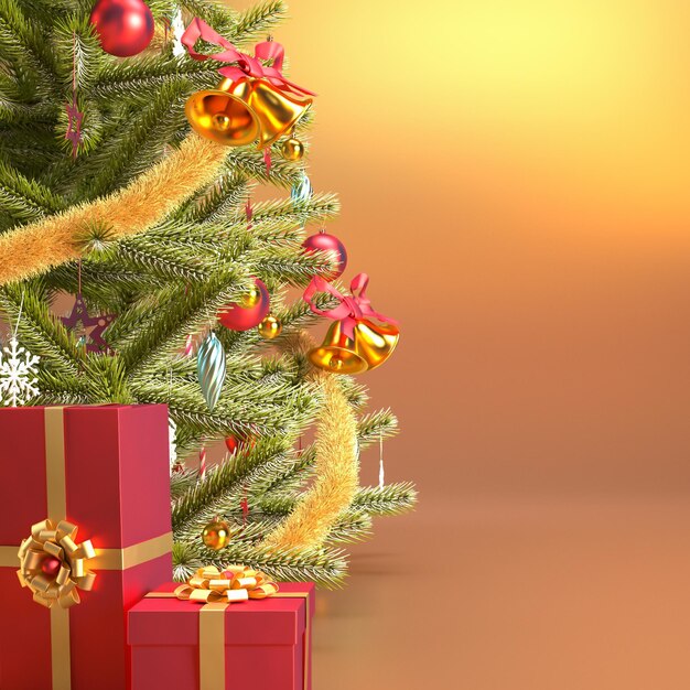 Fond d'or d'arbre de Noël avec des coffrets cadeaux rouges et un espace de copie