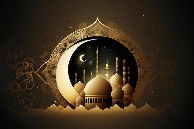 Un fond or et noir avec une mosquée et la lune.