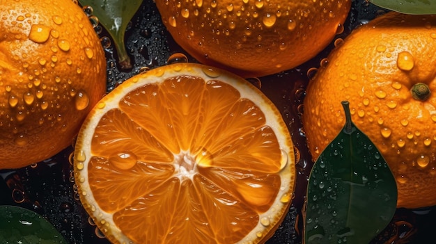 Fond d'orange coloré mûr avec des éclaboussures d'eau générées par Al