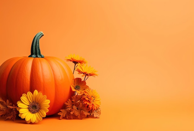 un fond orange avec un cône de courge citrouille et des fleurs