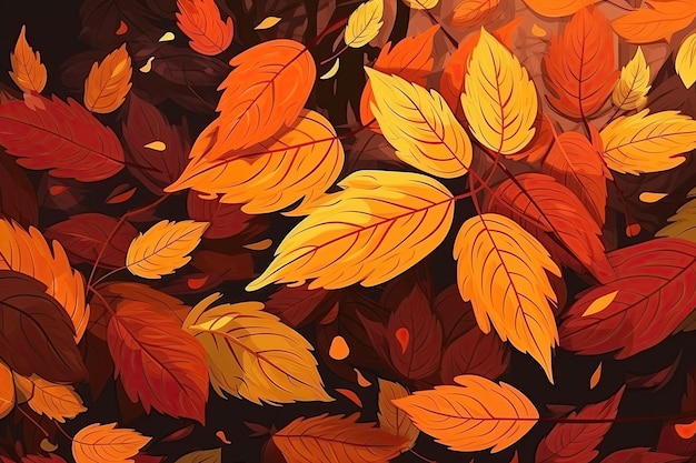 Fond orange avec motif de texture de feuilles sèches d'automne tombées Generative AI
