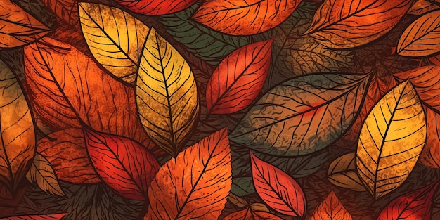 Fond orange avec la texture des feuilles d'automne tombées Generative AI