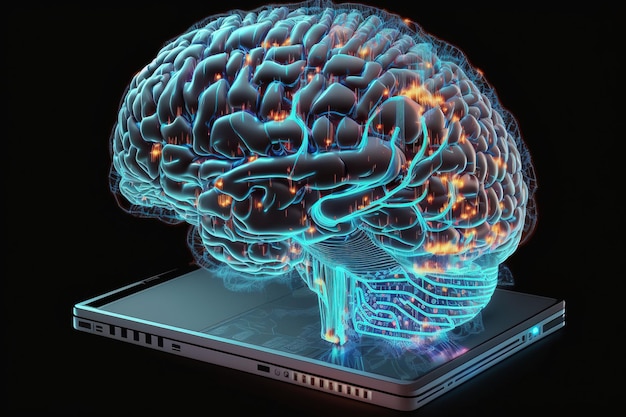 Sur un fond d'ordinateur portable contemporain, un concept créatif d'intelligence artificielle montre un hologramme du cerveau humain