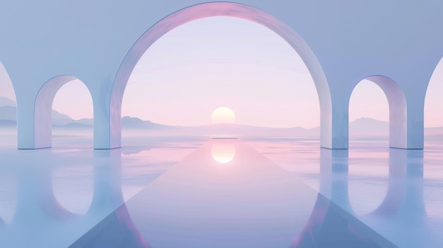 Un fond panoramique abstrait avec un paysage du nord avec des arches de miroir géométriques d'eau calme et des cieux de gradient bleu pastel sur un fond blanc papier peint esthétique zen avec un minimaliste