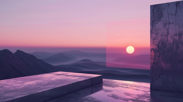 Un fond panoramique minimal moderne abstrait avec des formes carrées géométriques et un paysage de montagnes sous le ciel au coucher du soleil Un merveilleux papier peint esthétique