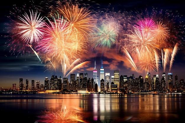 Fond panoramique de la ville de feux d'artifice avec des reflets colorés dans l'eau