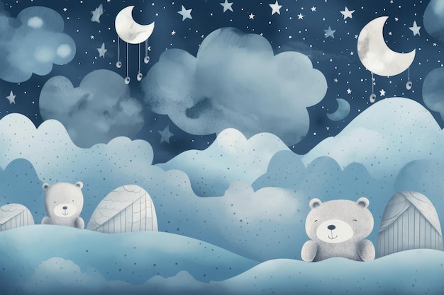 Un fond de papier bleu avec deux ours et une lune et des étoiles.