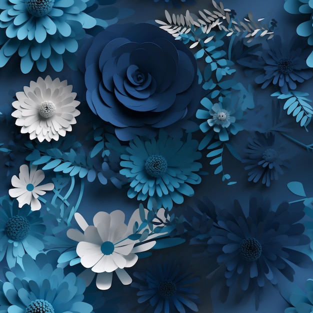 Un fond de papier bleu avec des fleurs et une rose.