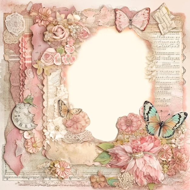 Photo fond de papier de style vintage avec des fleurs et des papillons page d'album photo scrapbook générée par l'ia