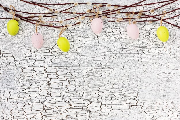 Fond de Pâques avec branche de saule et oeufs de Pâques. Vue de dessus, espace copie