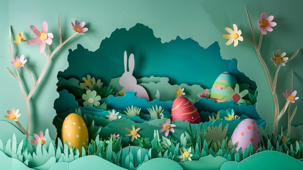 fond de Pâques coupé en papier scène de Pâches faite à la main avec des œufs de Pâque et un lapin de Pâles en papier