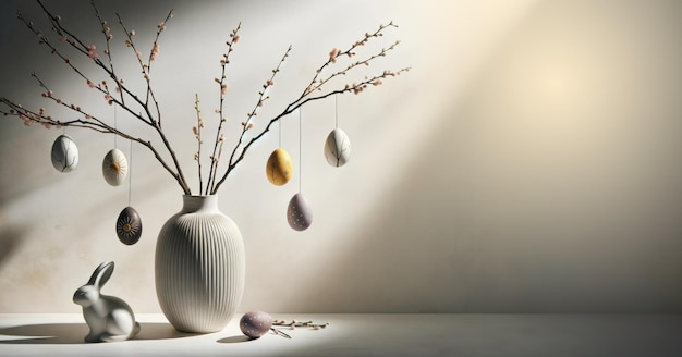 Fond de Pâques minimaliste avec des branches de saule dans un vase oeufs de Pâques sur fond clair