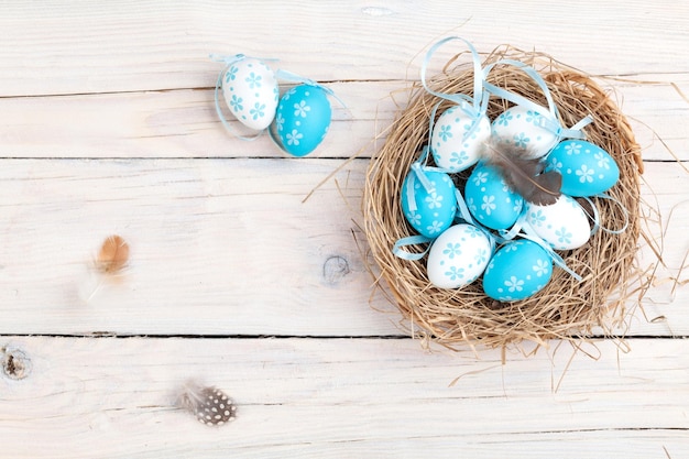 Fond de Pâques avec des oeufs bleus et blancs dans le nid