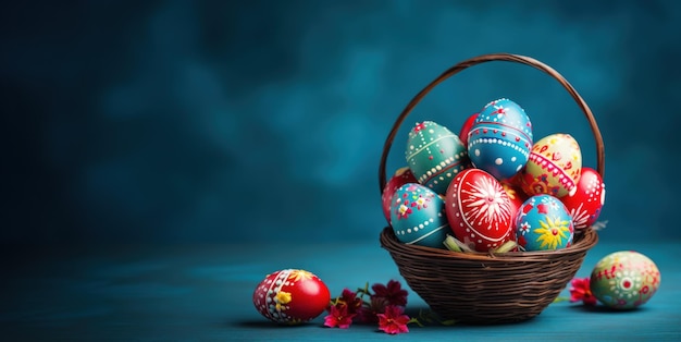 Fond de Pâques avec œufs et fleurs de printemps sur fond bleu foncé Vue de face avec espace de copie