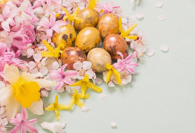 Fond de Pâques avec des oeufs et des fleurs