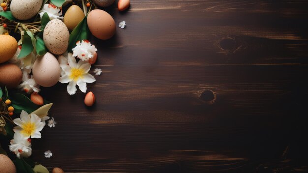 Fond de Pâques avec œufs peints de Pâques et fleurs de printemps sur fond en bois espace de copie